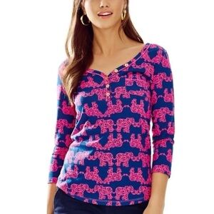 Lilly Pulitzer Palmetto V-Neck Top Pack Your Trunk Pink Elephant Pima Cotton